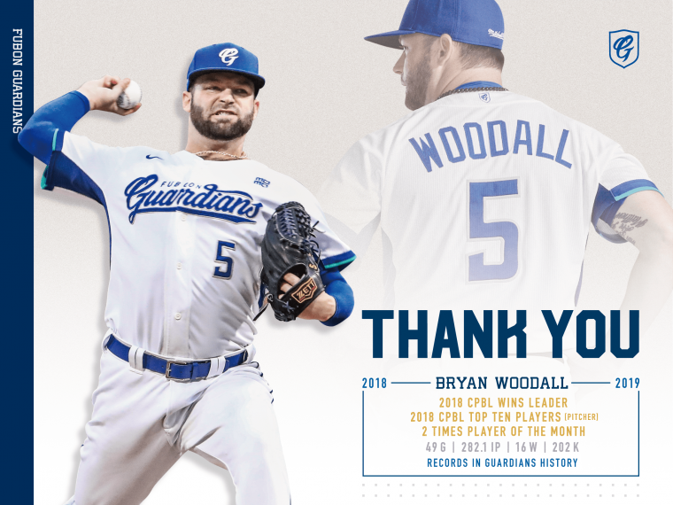 富邦悍將球團感謝伍鐸(Bryan Woodall)這二年來的貢獻。官方提供