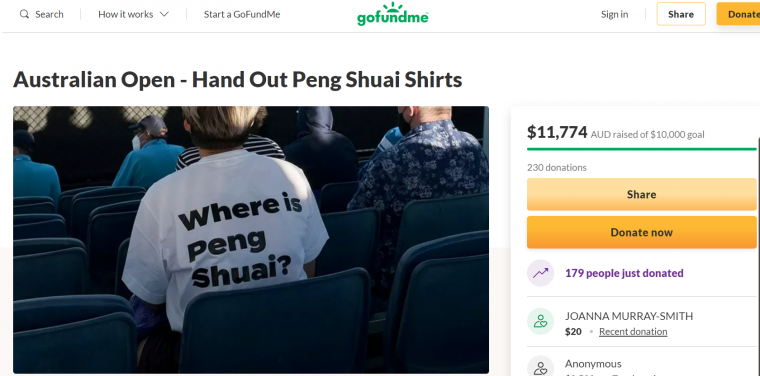 國外為製作彭帥T恤的募款網站。摘自網路