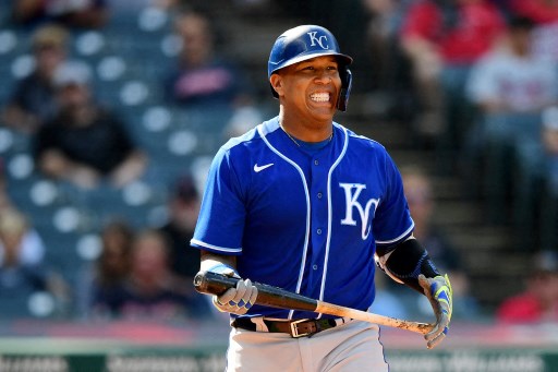 堪薩斯皇家捕手培瑞茲(Salvador Perez)破紀錄一轟紀念球拿不回來。法新社
