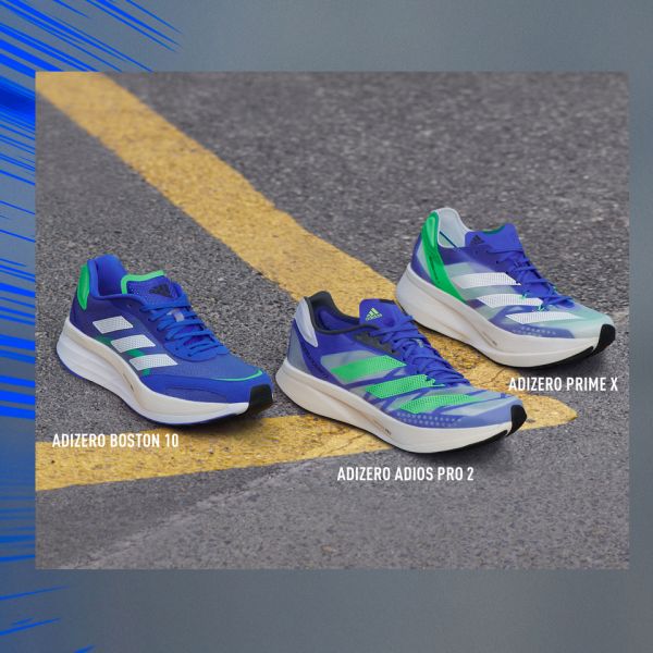 adidas推出adizero競速跑鞋臺北馬指定配色「Sonic Ink」，以電光藍為主調，炫光綠點綴其中，展現跑步的疾速能量。官方提供