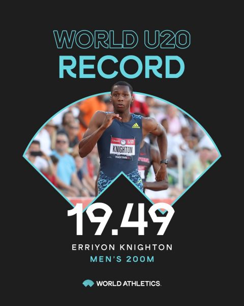 美國18歲青少年短跑奈頓飆破U20的200公尺世界紀錄。摘自推特