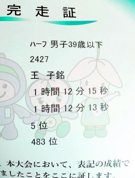 王子銘的上尾半馬完賽證書。王子銘/提供。