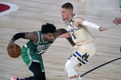 塞爾提克先發控衛斯馬特(Marcus Smart),全場20分,投射效率相當的高。法新社