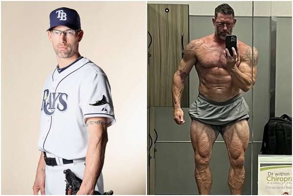 前美職投手46歲的法恩斯沃斯退休後身材卻變成魔鬼筋肉人。合成照片