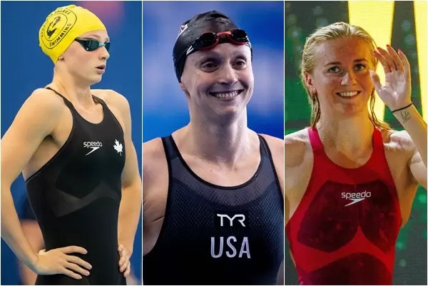 女子400公尺自由式將由三人萊德基(Katie Ledecky,中)、蒂特姆斯(Ariarne Titmus,右) 和麥金托什(Summer McIntosh,左)對決。合成照片