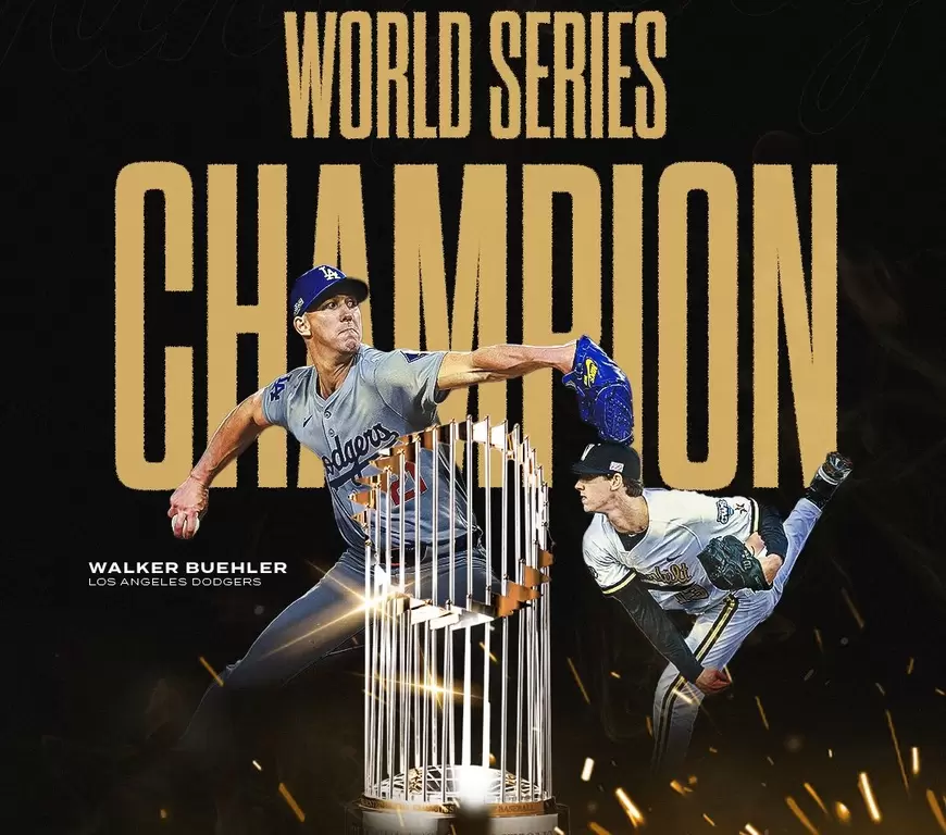 洛杉磯道奇今在布勒(Walker Buehler)9局下半的好投關門下,奪得世界大賽冠軍。摘自洋基推特