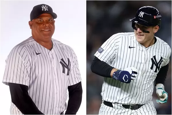 洋基牛棚教練哈基（Mike Harkey，左）向里佐（Anthony Rizzo，右）喊話。合成照片