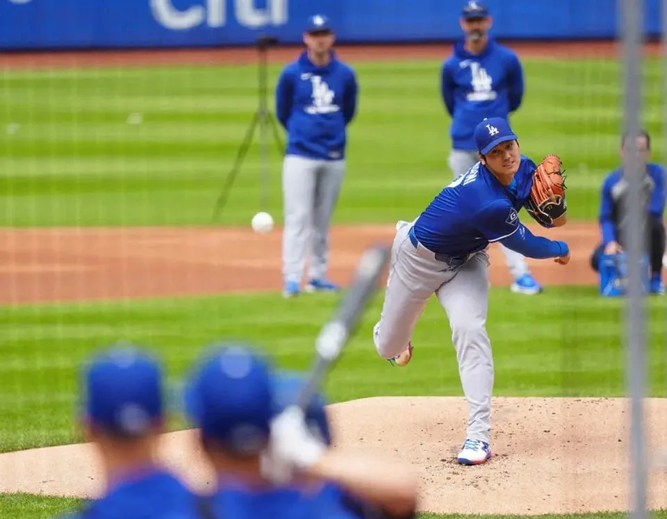 大谷翔平6月進行的第三次實戰投打練習。法新社