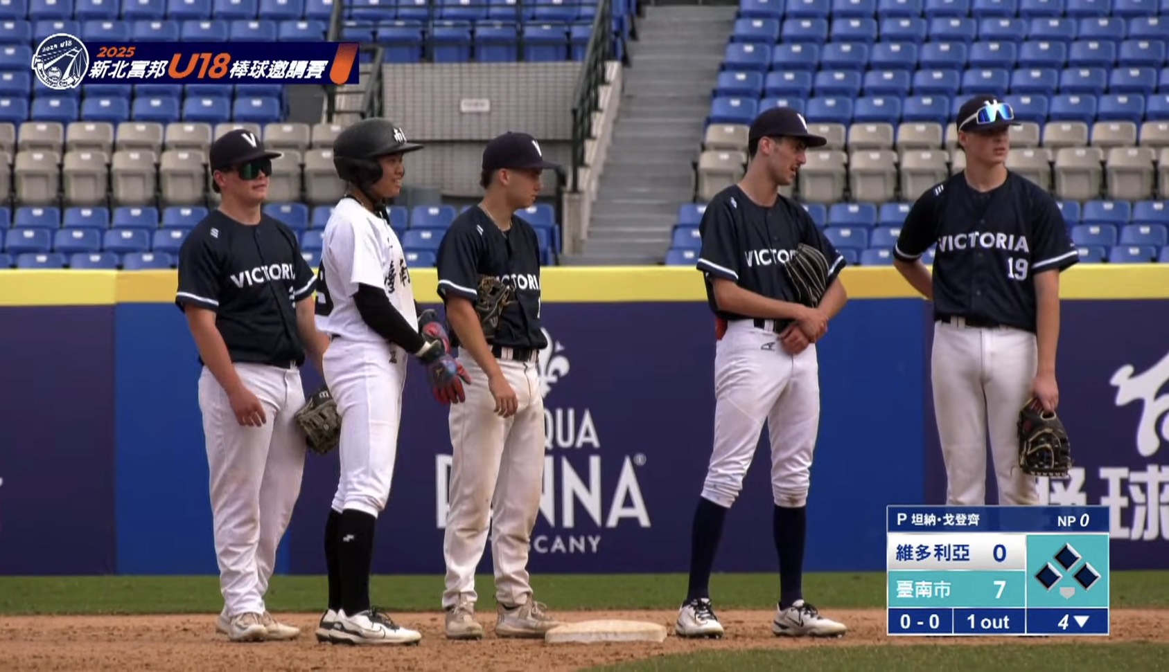 許峰穎在二壘被澳洲維多利亞球員包圍聊天。轉播截圖