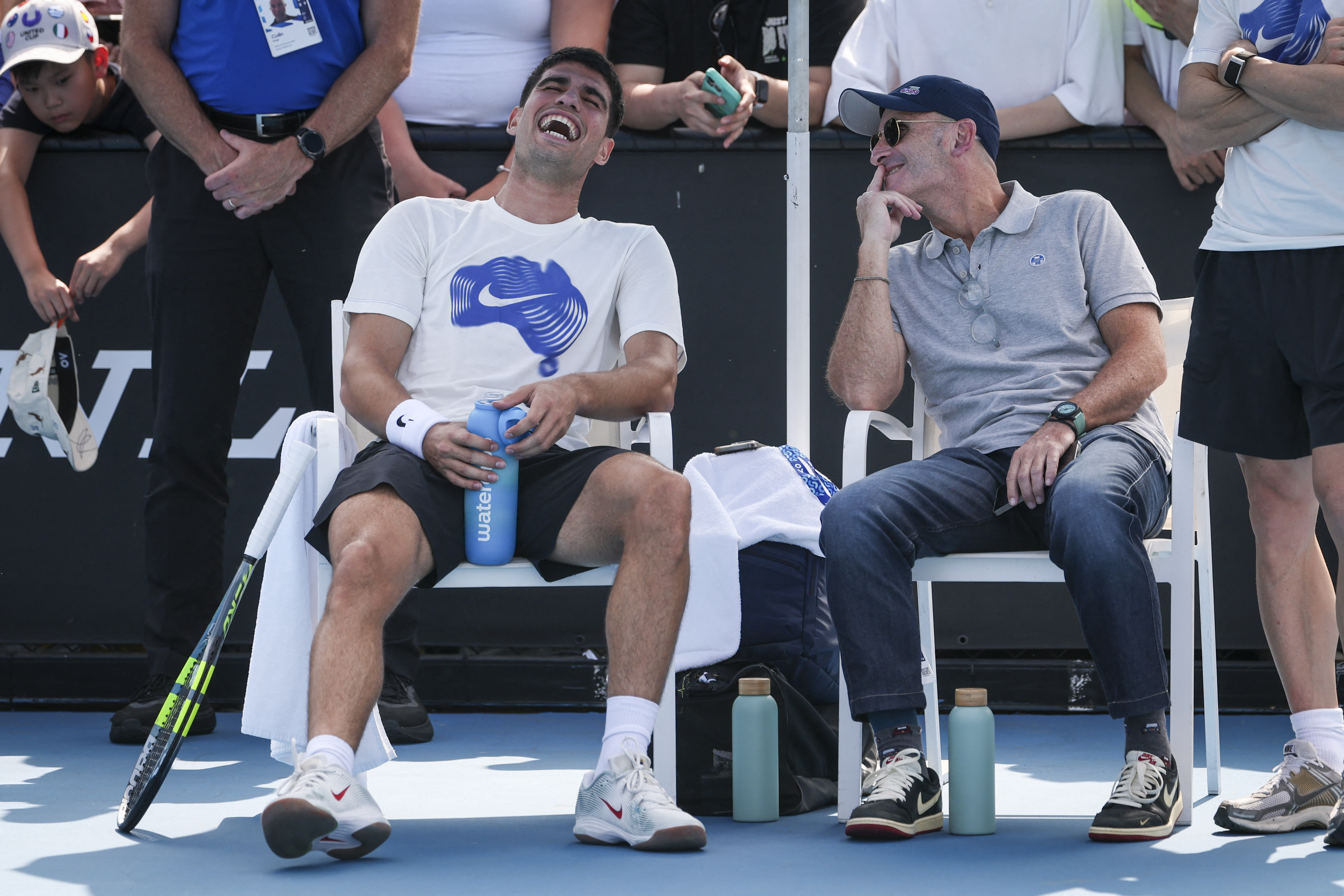 現任球王艾卡拉茲（Carlos Alcaraz，左）今年澳網團隊缺少了費雷羅（Juan Carlos Ferrero）。法新社