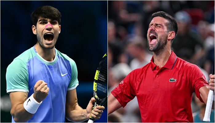 艾卡拉茲(Carlos Alcaraz,左)與喬科維奇(Novak Djokovic,右)將於週日的澳洲網球公開賽男單決賽中對決。合成照片