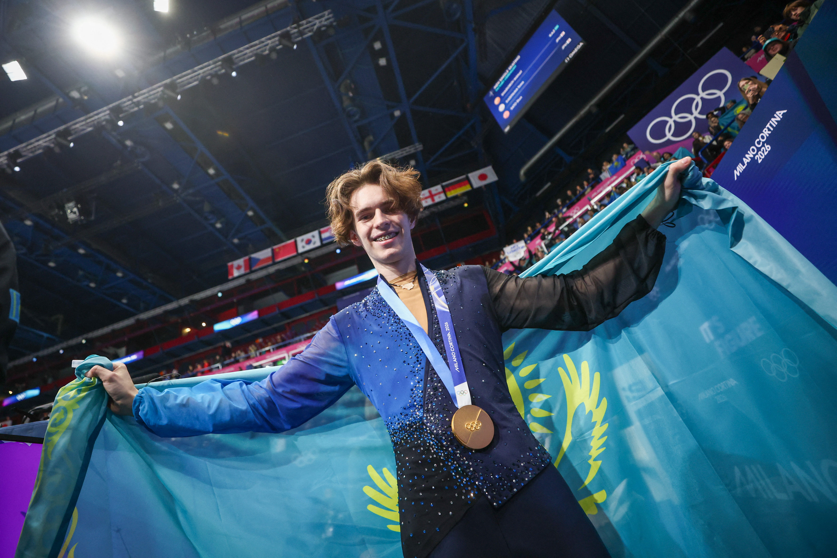 21歲花式滑冰選手沙伊多羅夫（Mikhail Shaidorov）拿下哈薩克奪得史上首面花式滑冰奧運金牌。法新社