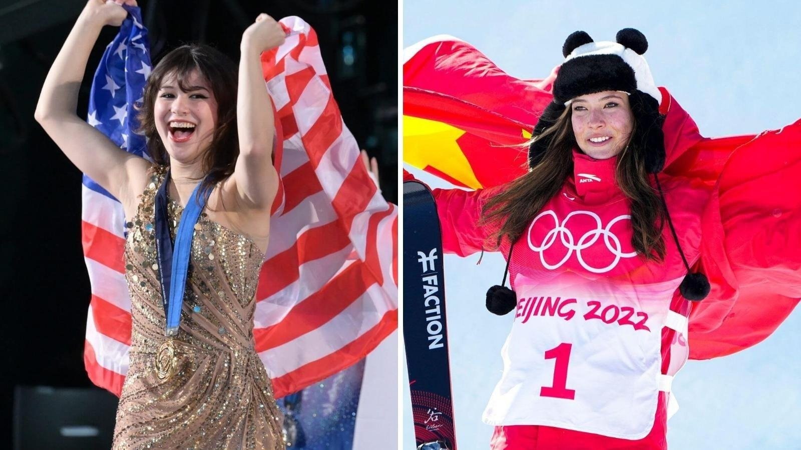 華裔選手谷愛凌(右)與劉美賢各自代表中美兩國出賽引發兩方爭論。摘自推特