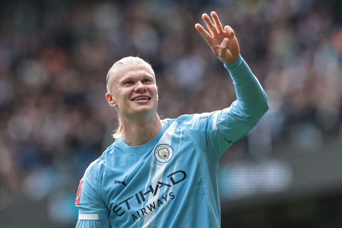 曼城前鋒哈蘭德（Erling Haaland）演出帽子戲法。法新社