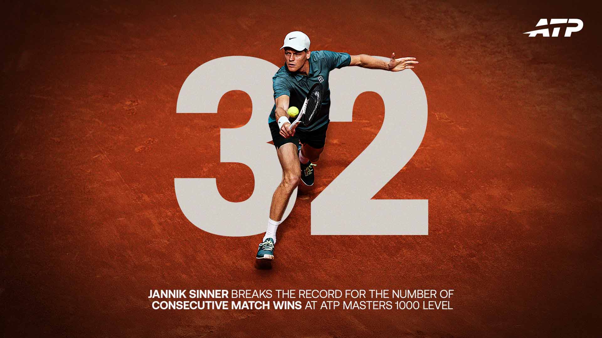 辛納締造ATP史上千分大師賽史上最長32連勝紀錄。摘自ATP官網