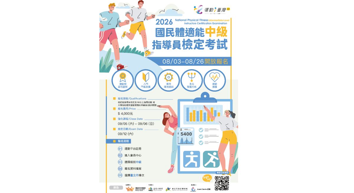 臺北市社區體適能促進計畫正式開放「國民體適能指導員」中級檢定開放報名。運動部提供