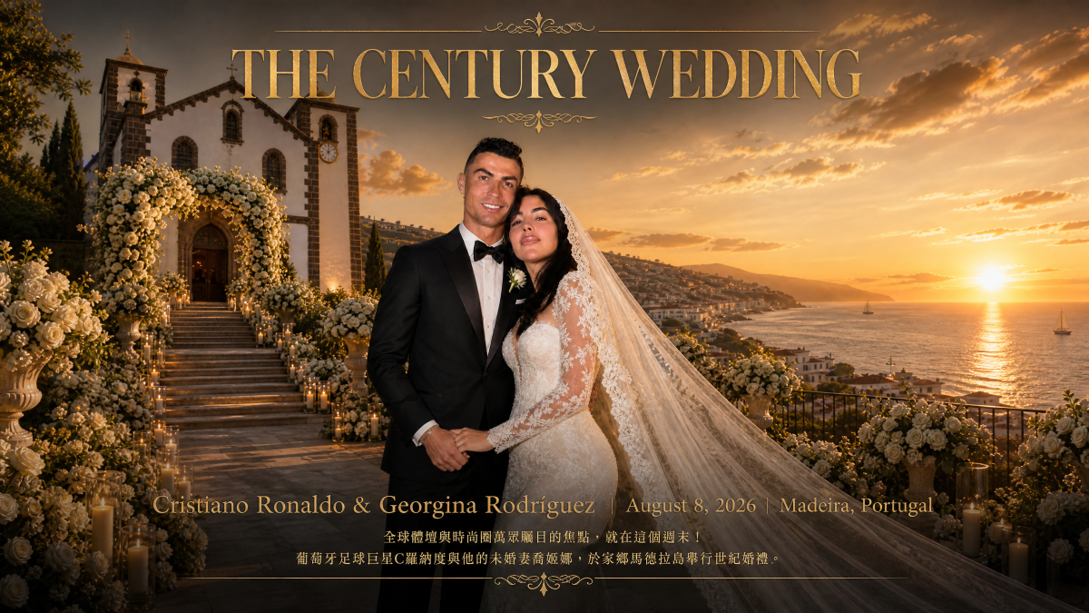 C羅納度(Cristiano Ronaldo)與他的未婚妻喬姬娜(Georgina Rodríguez),即將在這個星期六(8月8日)於他的家鄉結婚,合成照片