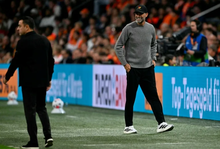 德國國家隊新任主帥克洛普(Jurgen Klopp,右)4日迎來執教首秀。法新社