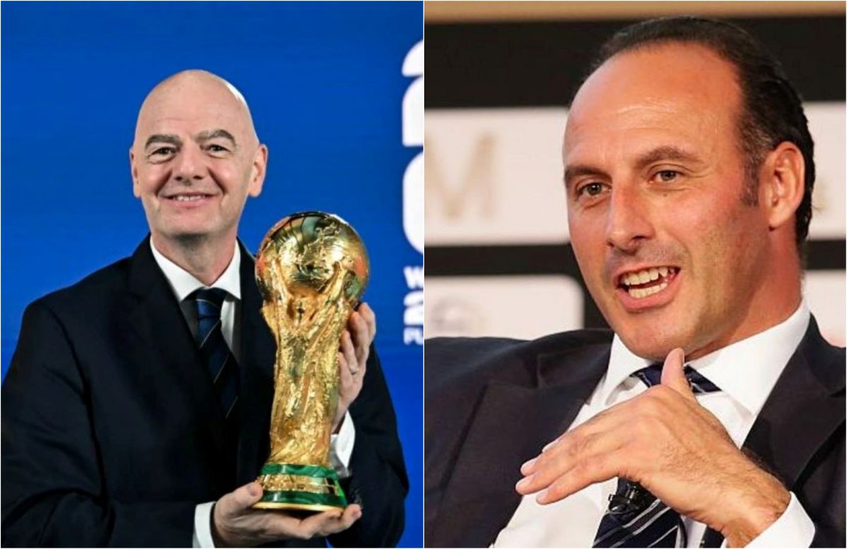 前熱刺(Tottenham)後衛球員維加(Ramon Vega,右)成首位挑戰英凡蒂諾(Gianni Infantino)的人。合成照片