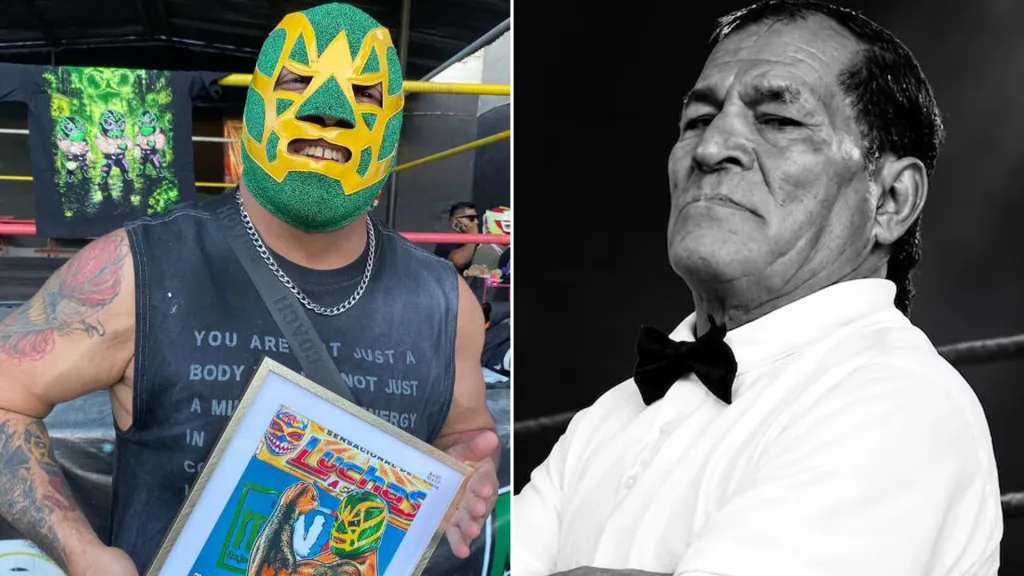 75歲資深摔角裁判皮內達(Gerardo Germán Pineda,右)遭 選手費許曼 (Hijo de Fishman,左)里擊身亡。摘自推特