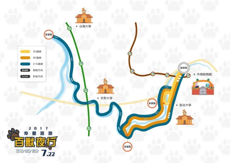 2017仲夏路跑-百獸夜行活動路線圖,分為21k、9k、3k。。大會提供