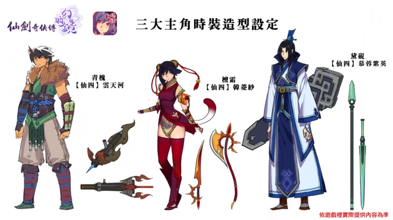 《仙劍奇俠傳-幻璃鏡》套裝設定稿，玩家可透過不同方式獲得主角們的各種限定款套裝