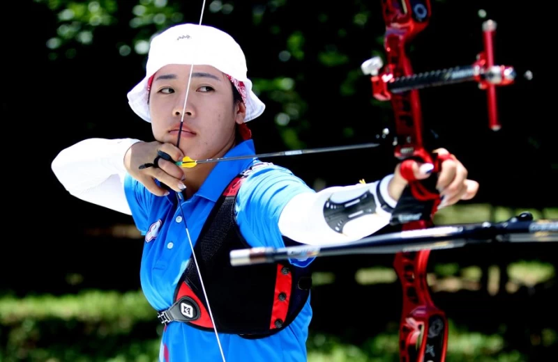 譚雅婷射進亞洲盃射箭賽反曲弓女子組銅牌戰。林嘉欣／攝影。