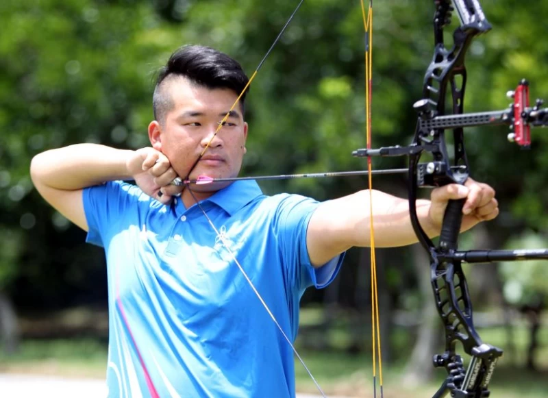 陳享宣射進亞洲盃射箭賽複合弓男子組個人賽銅牌戰。林嘉欣／攝影。