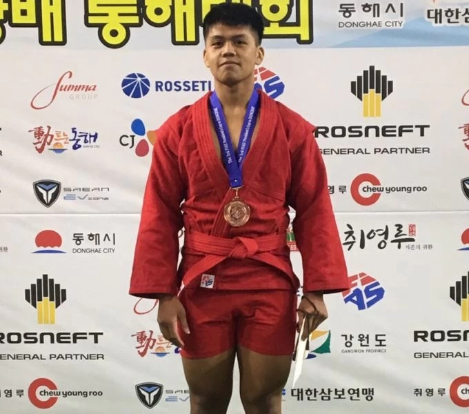 男子運動桑搏74公斤第三名李紹康。台灣武道聯盟／提供。