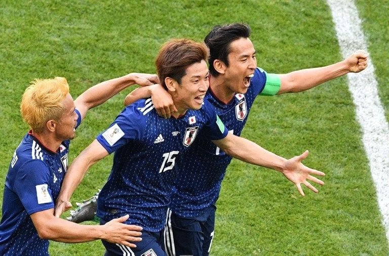 日本大迫勇也(中)射進致勝球。法新社