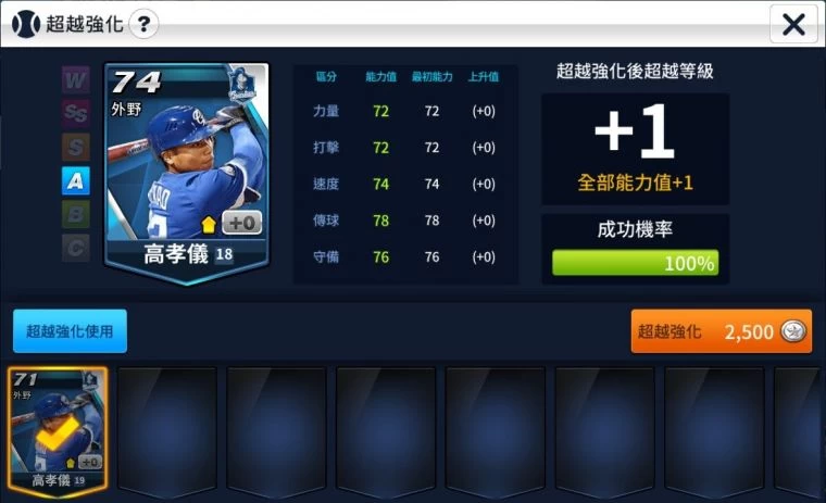 《棒球大王》超越強化讓球員卡能力值上升。