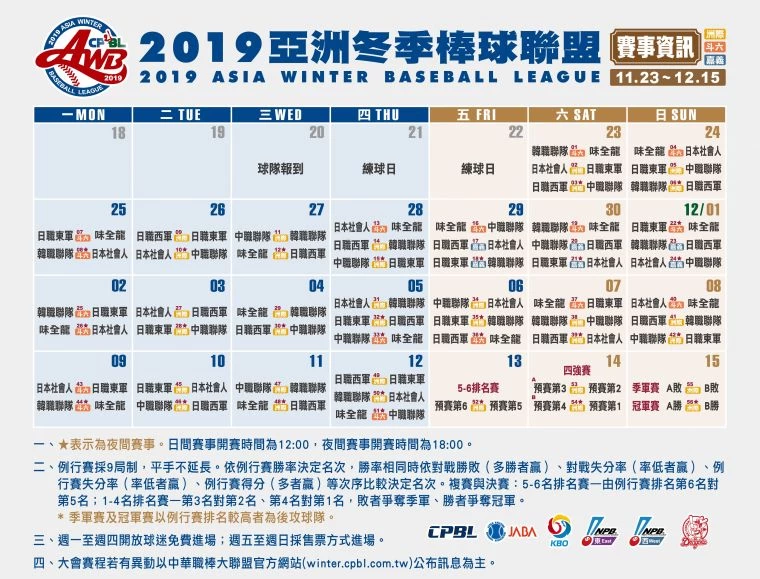 2019冬季聯盟賽程表。大會提供