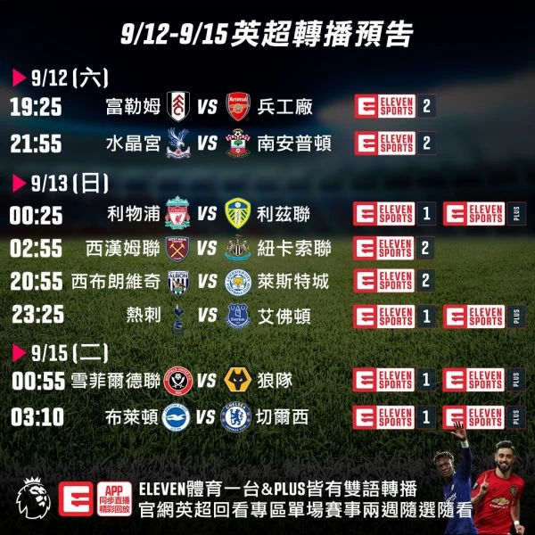 英超賽程0912-0915賽程。官方提供
