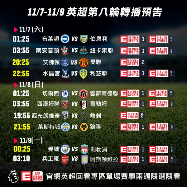 1107-1109英超單輪賽程預告。官方提供