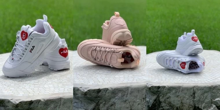 情人節三款球鞋，FILA DISRUPTOR II HEART(左起)、DISRUPTOR II HEART和RAY HEART。官方提供