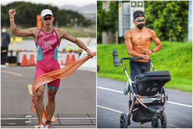 已經升格當爸爸的張團畯平時還會推著女兒訓練，今全運完成4連霸。合成照片