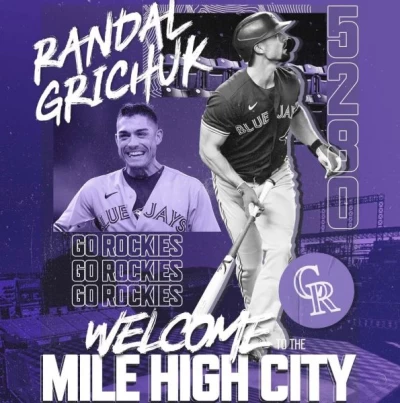 藍鳥送出「單季31轟重砲」格雷查（Randal Grichuk）。摘自洛磯推特