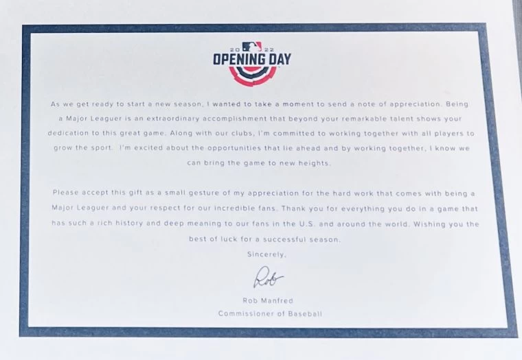曼弗雷德(Rob Manfred)給開幕戰所有球員的信。摘自推特