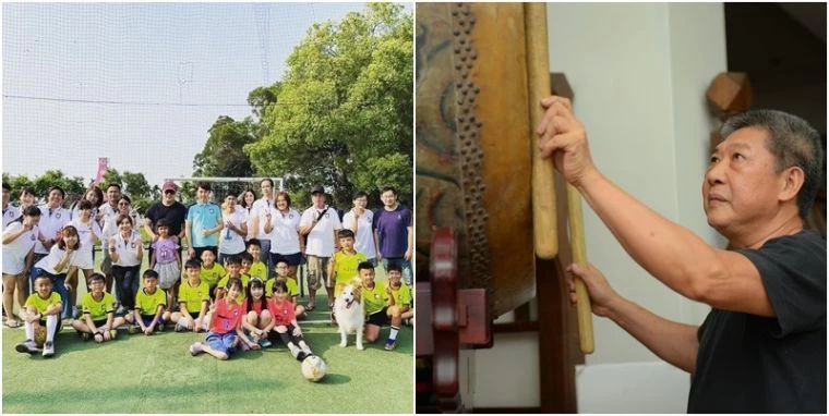 航源足球與响仁和鼓藝工坊跨界合作。合成照片