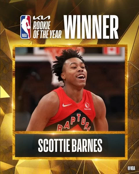Scottie Barnes獲選年度最佳新秀。摘自NBS推特