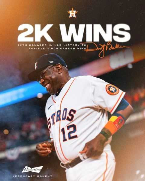 太空人總教練貝克（Dusty Baker）奪兩千勝。摘自太空人推特