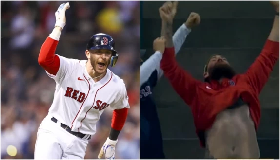 故事哥(左)敲全壘打竟被前世界大賽冠軍戈麥斯(Jonny Gomes)接到。合成照片