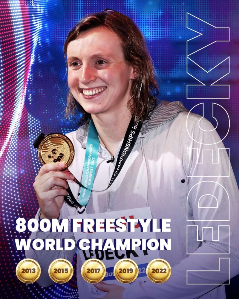 雷德琪(Katie Ledecky)800自五連霸。摘自FINA推特