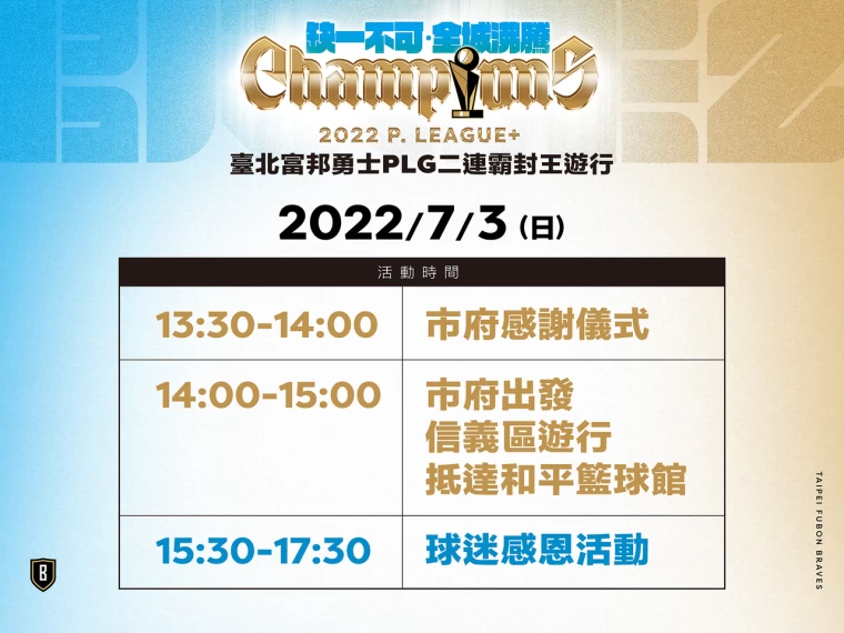 冠軍獎盃獻給臺北市 勇士全體參訪北市府 回饋舉辦球迷感恩活動。官方提供