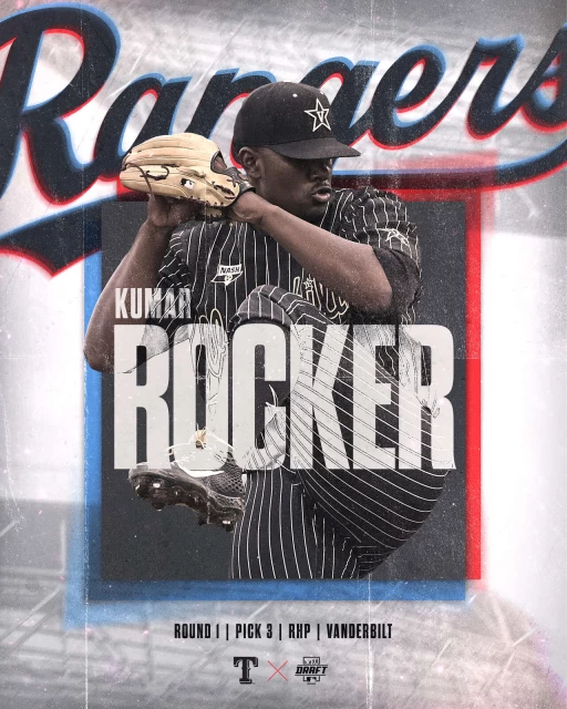 范德堡大學的右投手洛克(Kumar Rocker)首輪第3順位就被德州遊騎兵挑走。摘自遊騎兵推特