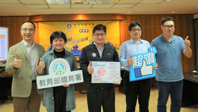 動滋健身振興有感,帶動運動產業發展。教育部體育署洪志昌副署長(中)為運動產業及企劃組劉姿君組長(左2)、商發院李世珍副所長(右2)。體育署提供