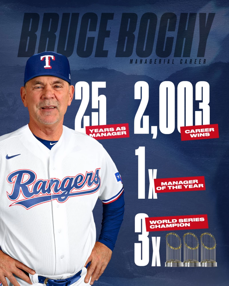 三冠教頭波奇（Bruce Bochy）戰績傲人。摘自遊騎兵推特