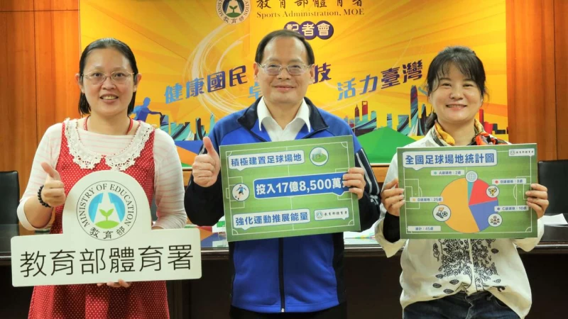 體育署積極建置足球場地 強化足球運動推展能量中為教育部體育署呂宏進主任秘書、右為運動設施組黃幸玉專委和許瑞蓁科長。體育署提供
