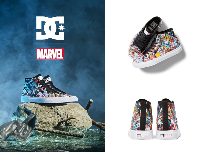 DC SHOES x DEADPOOL 死侍聯名系列，以經典1994年為主題打造 MANUAL HI 復古拼色潮流感。官方提供