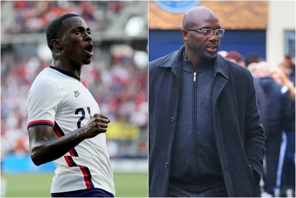 美國世足國腳蒂莫西(Timothy Weah)父親是賴比瑞亞總統。合成照片